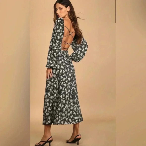 Lulu's Found Your Bliss Black Print Long Sleeve Lace-Up Midi Dress Size Small - Picture 2 of 15